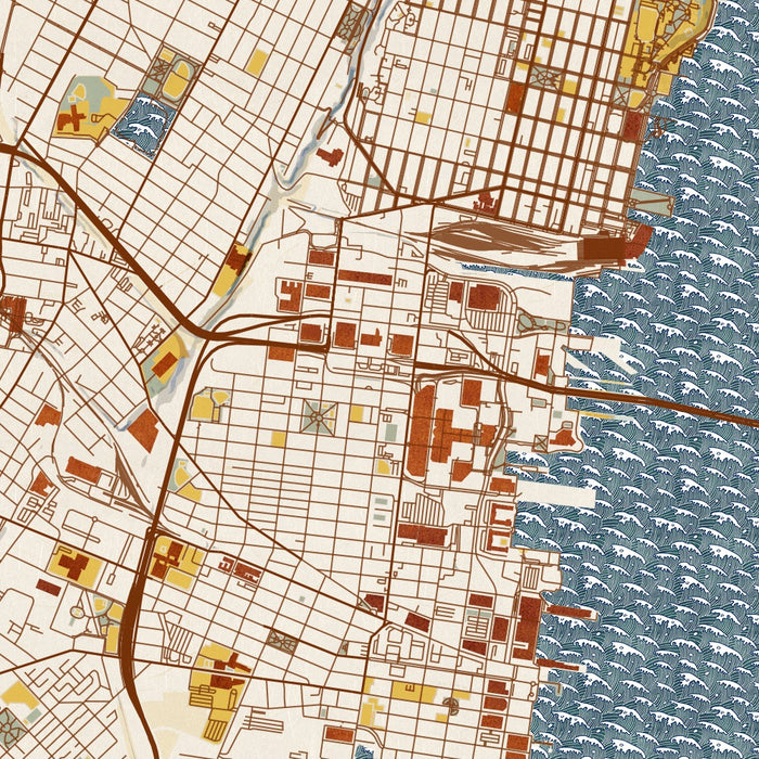 Jersey City New Jersey Map Print in Woodblock Style Zoomed In Close Up Showing Details