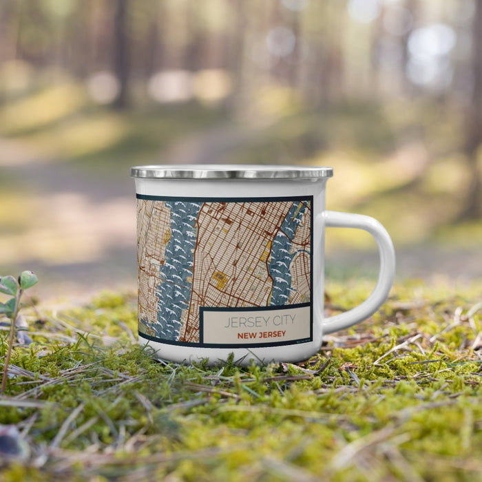 Right View Custom Jersey City New Jersey Map Enamel Mug in Woodblock on Grass With Trees in Background