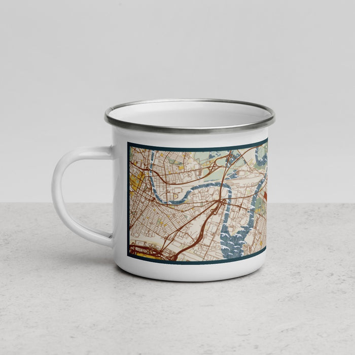 Left View Custom Jersey City New Jersey Map Enamel Mug in Woodblock