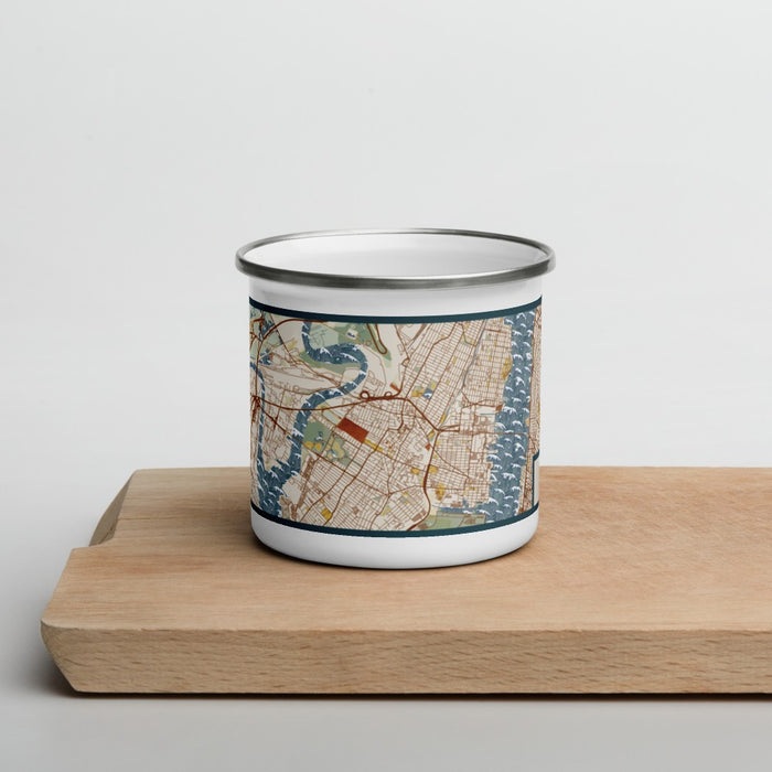 Front View Custom Jersey City New Jersey Map Enamel Mug in Woodblock on Cutting Board