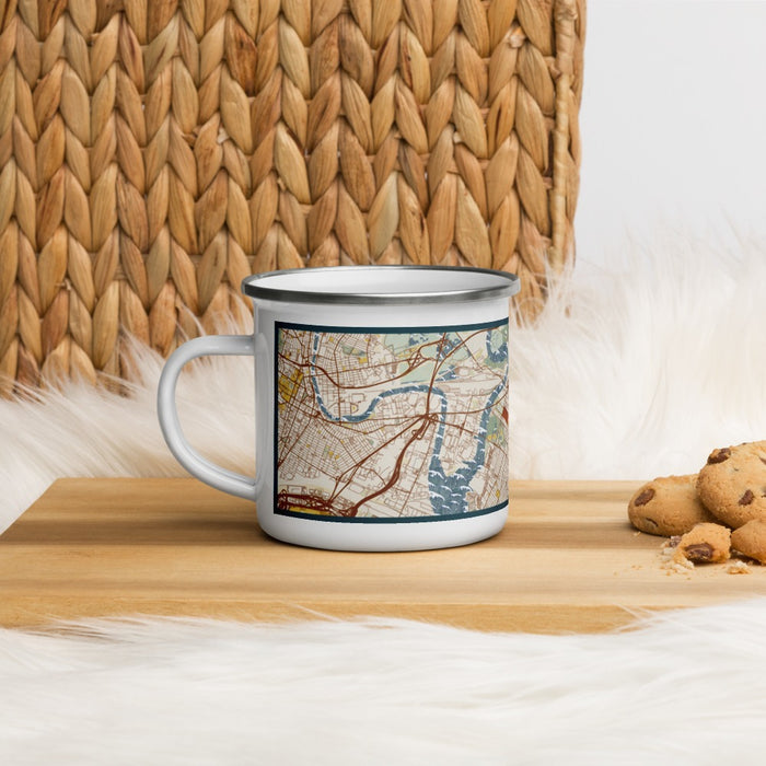Left View Custom Jersey City New Jersey Map Enamel Mug in Woodblock on Table Top