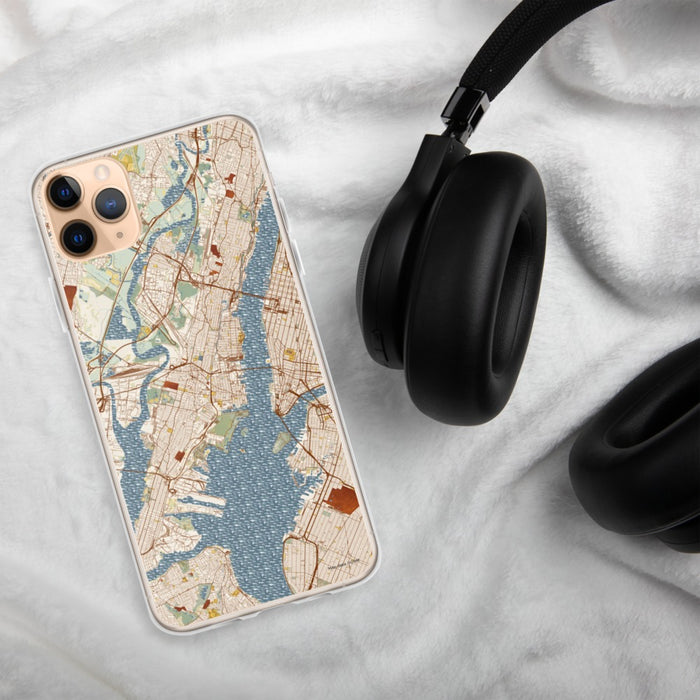 Custom Jersey City New Jersey Map Phone Case in Woodblock on Table with Black Headphones