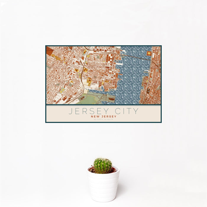 12x18 Jersey City New Jersey Map Print Landscape Orientation in Woodblock Style With Small Cactus Plant in White Planter