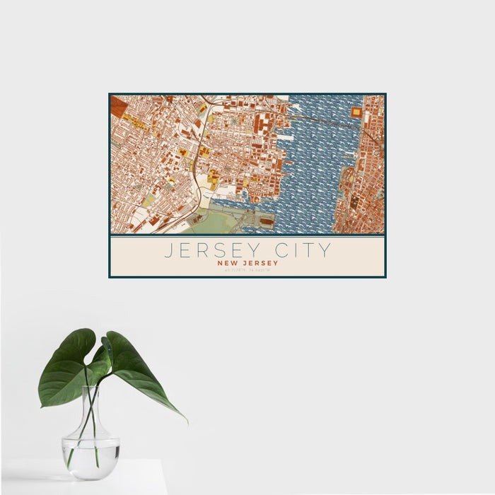 16x24 Jersey City New Jersey Map Print Landscape Orientation in Woodblock Style With Tropical Plant Leaves in Water
