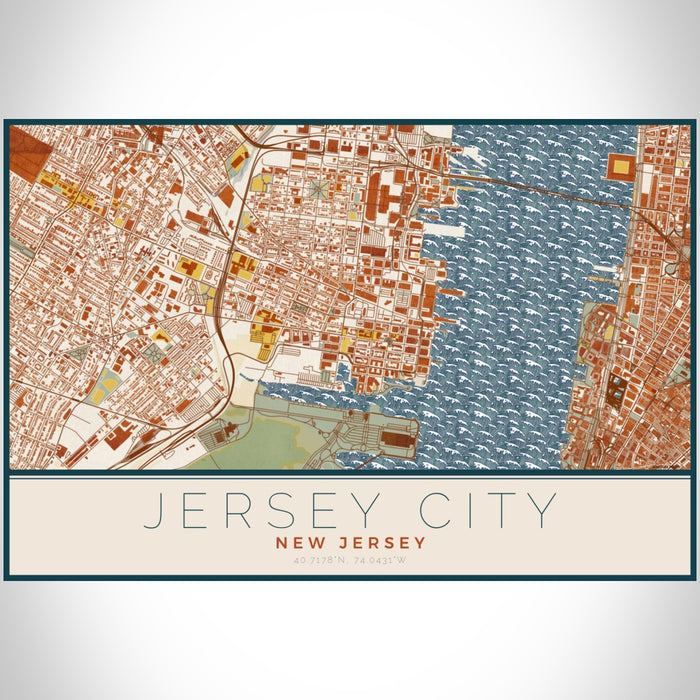 Jersey City New Jersey Map Print Landscape Orientation in Woodblock Style With Shaded Background