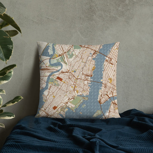 Custom Jersey City New Jersey Map Throw Pillow in Woodblock on Bedding Against Wall