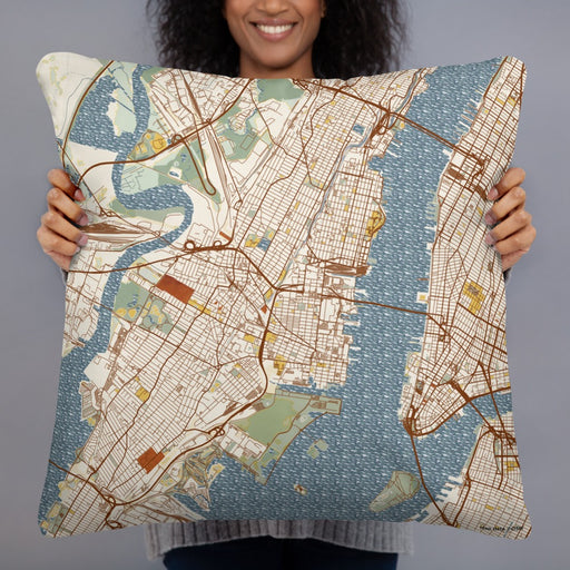 Person holding 22x22 Custom Jersey City New Jersey Map Throw Pillow in Woodblock