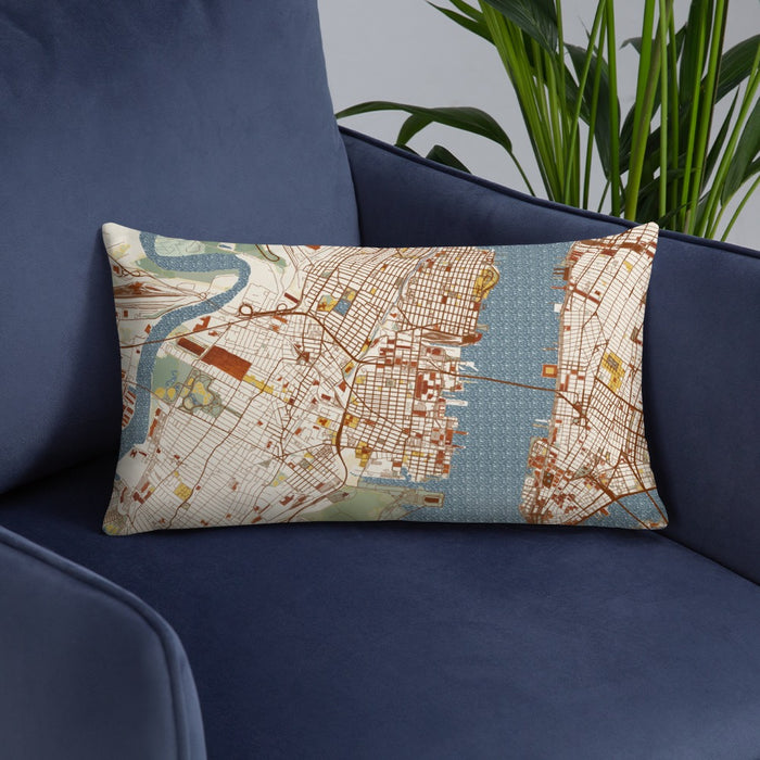 Custom Jersey City New Jersey Map Throw Pillow in Woodblock on Blue Colored Chair