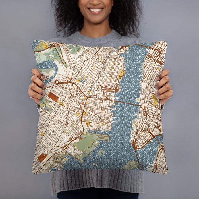 Person holding 18x18 Custom Jersey City New Jersey Map Throw Pillow in Woodblock