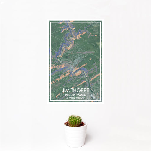 12x18 Jim Thorpe Pennsylvania Map Print Portrait Orientation in Afternoon Style With Small Cactus Plant in White Planter