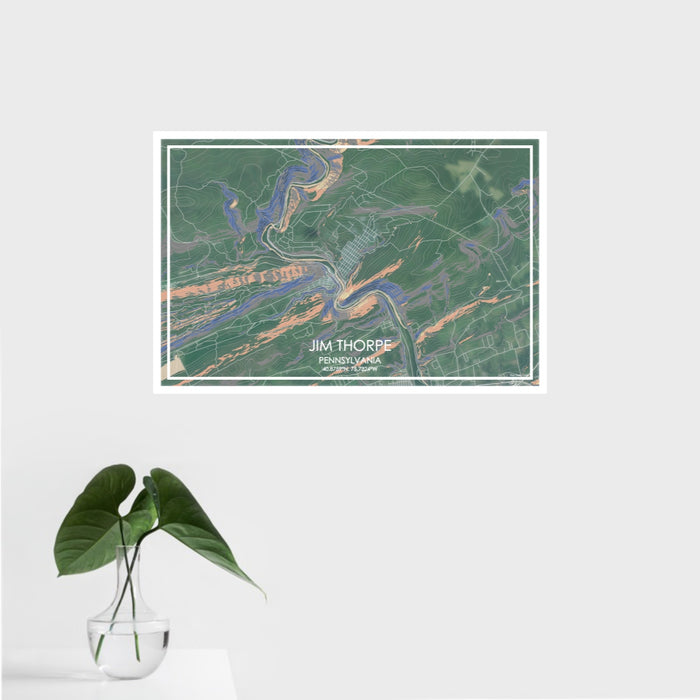 16x24 Jim Thorpe Pennsylvania Map Print Landscape Orientation in Afternoon Style With Tropical Plant Leaves in Water