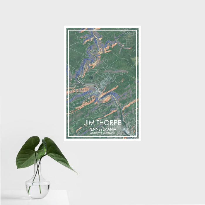16x24 Jim Thorpe Pennsylvania Map Print Portrait Orientation in Afternoon Style With Tropical Plant Leaves in Water