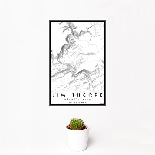 12x18 Jim Thorpe Pennsylvania Map Print Portrait Orientation in Classic Style With Small Cactus Plant in White Planter