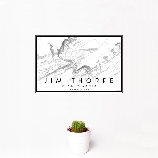 12x18 Jim Thorpe Pennsylvania Map Print Landscape Orientation in Classic Style With Small Cactus Plant in White Planter