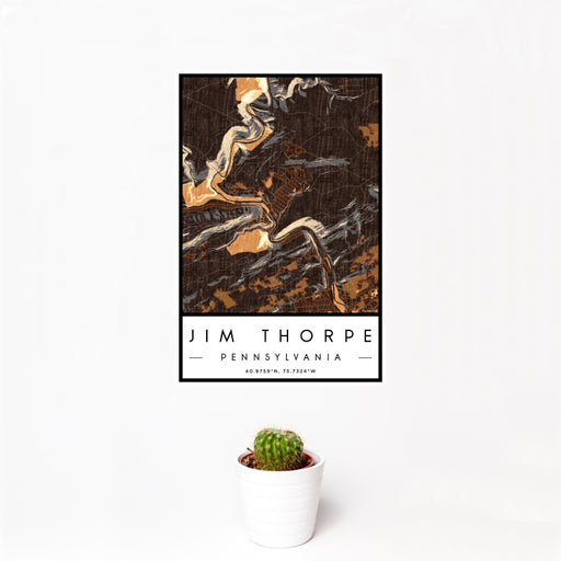 12x18 Jim Thorpe Pennsylvania Map Print Portrait Orientation in Ember Style With Small Cactus Plant in White Planter