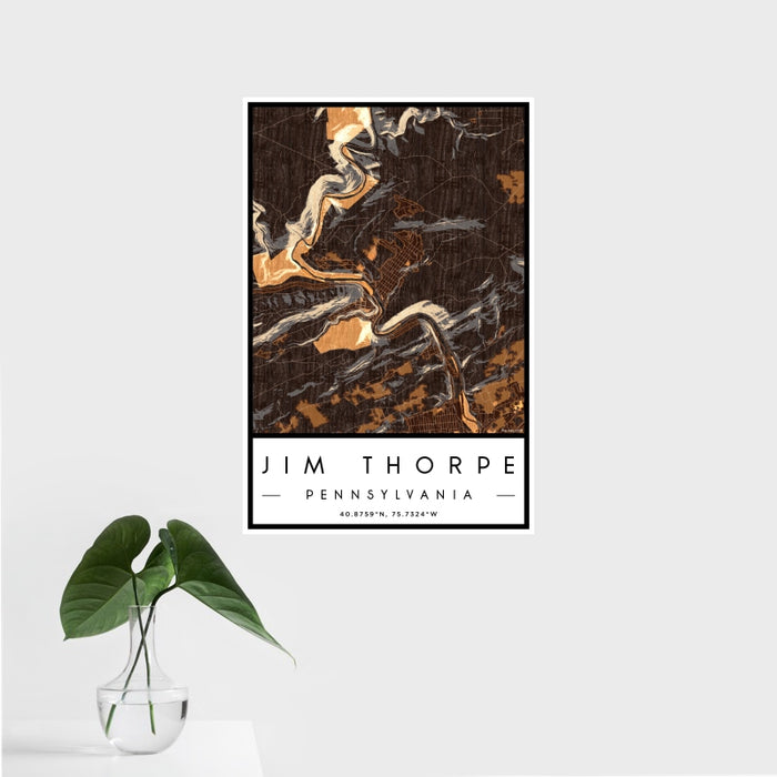 16x24 Jim Thorpe Pennsylvania Map Print Portrait Orientation in Ember Style With Tropical Plant Leaves in Water