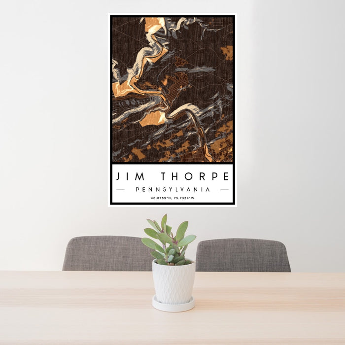 24x36 Jim Thorpe Pennsylvania Map Print Portrait Orientation in Ember Style Behind 2 Chairs Table and Potted Plant