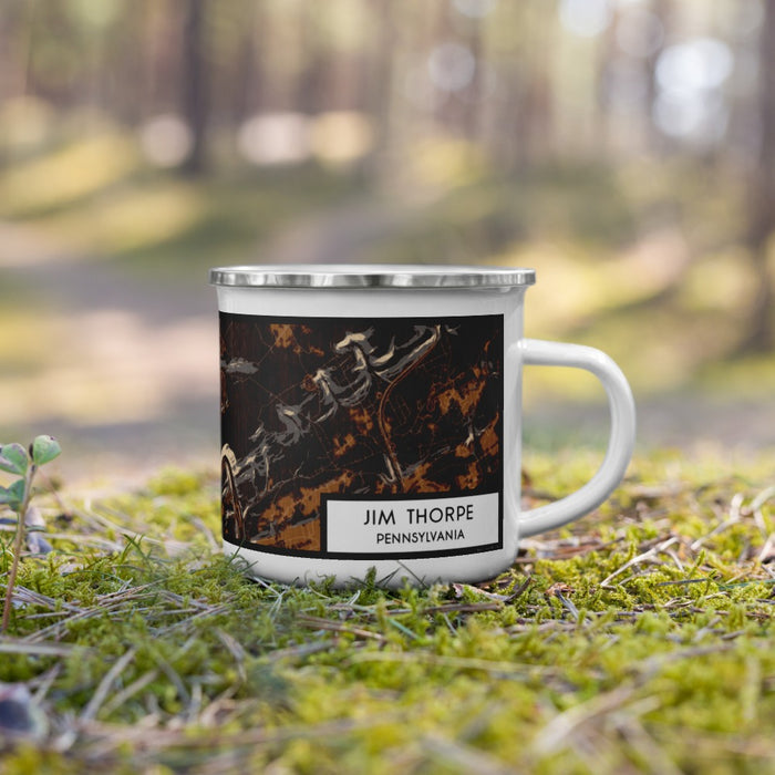 Right View Custom Jim Thorpe Pennsylvania Map Enamel Mug in Ember on Grass With Trees in Background