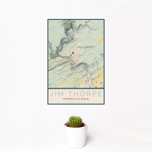12x18 Jim Thorpe Pennsylvania Map Print Portrait Orientation in Woodblock Style With Small Cactus Plant in White Planter