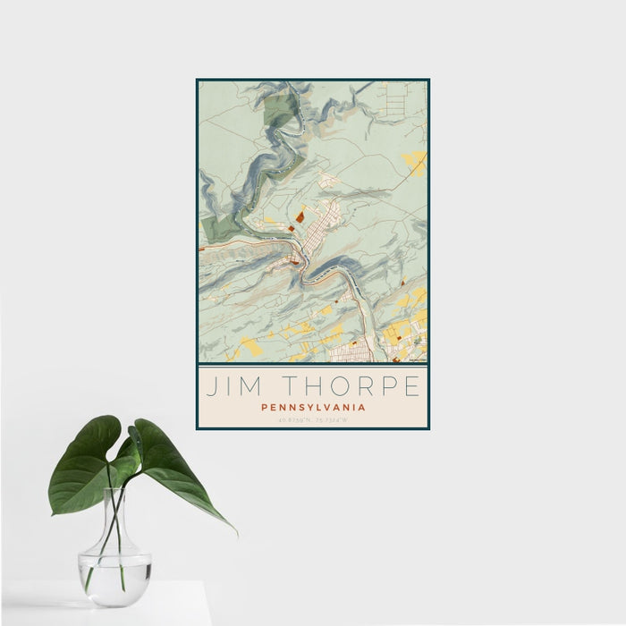 16x24 Jim Thorpe Pennsylvania Map Print Portrait Orientation in Woodblock Style With Tropical Plant Leaves in Water
