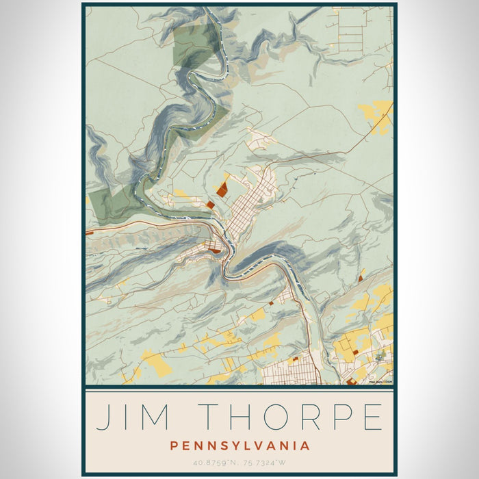Jim Thorpe Pennsylvania Map Print Portrait Orientation in Woodblock Style With Shaded Background
