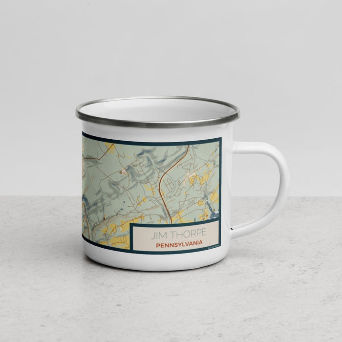 Right View Custom Jim Thorpe Pennsylvania Map Enamel Mug in Woodblock