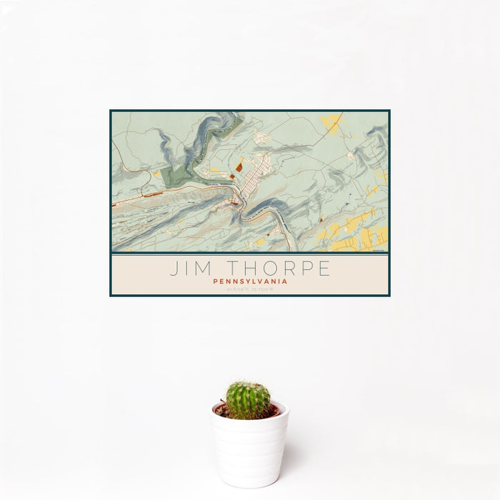 12x18 Jim Thorpe Pennsylvania Map Print Landscape Orientation in Woodblock Style With Small Cactus Plant in White Planter
