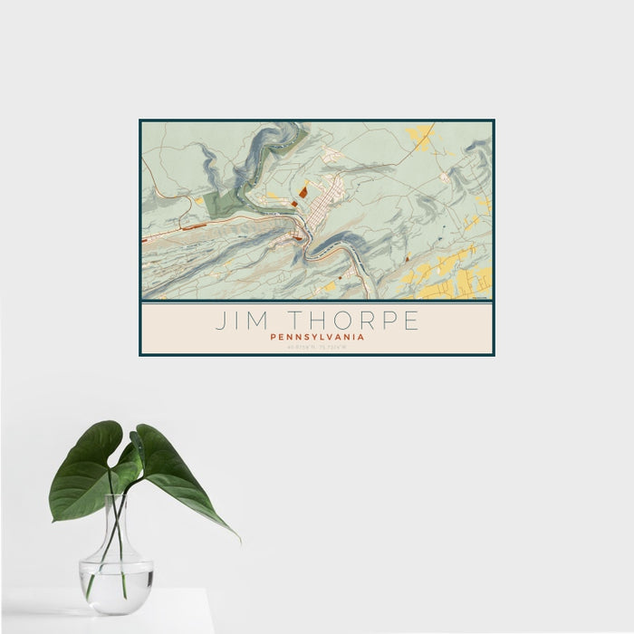 16x24 Jim Thorpe Pennsylvania Map Print Landscape Orientation in Woodblock Style With Tropical Plant Leaves in Water