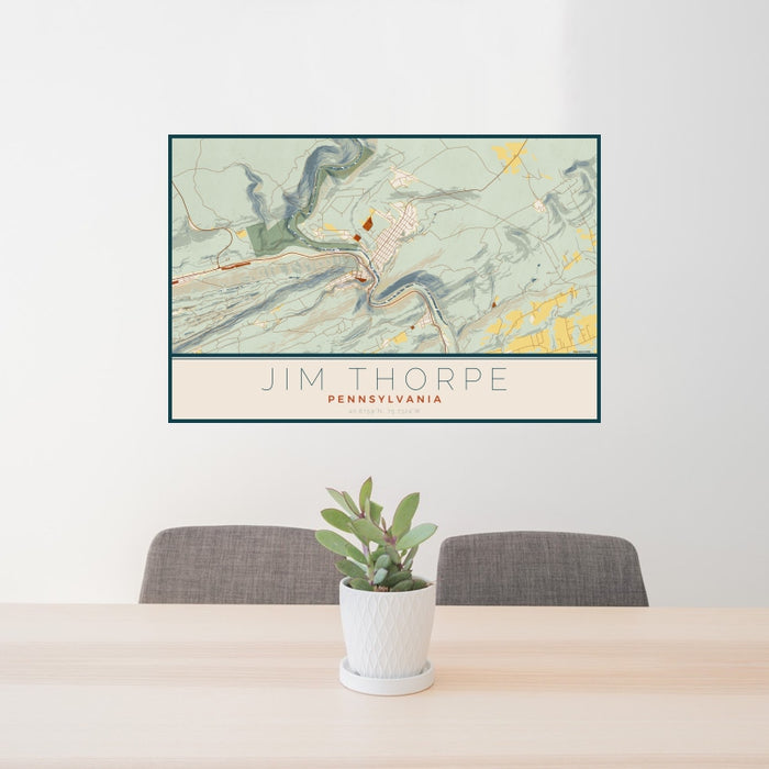 24x36 Jim Thorpe Pennsylvania Map Print Landscape Orientation in Woodblock Style Behind 2 Chairs Table and Potted Plant
