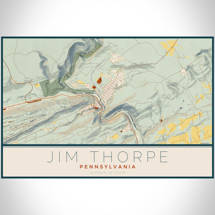 Jim Thorpe Pennsylvania Map Print Landscape Orientation in Woodblock Style With Shaded Background