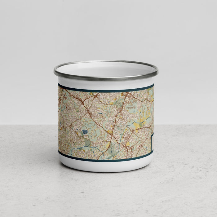 Front View Custom Johns Creek Georgia Map Enamel Mug in Woodblock