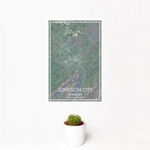 12x18 Johnson City Tennessee Map Print Portrait Orientation in Afternoon Style With Small Cactus Plant in White Planter