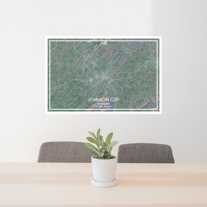 24x36 Johnson City Tennessee Map Print Lanscape Orientation in Afternoon Style Behind 2 Chairs Table and Potted Plant