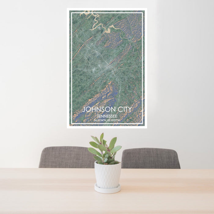 24x36 Johnson City Tennessee Map Print Portrait Orientation in Afternoon Style Behind 2 Chairs Table and Potted Plant
