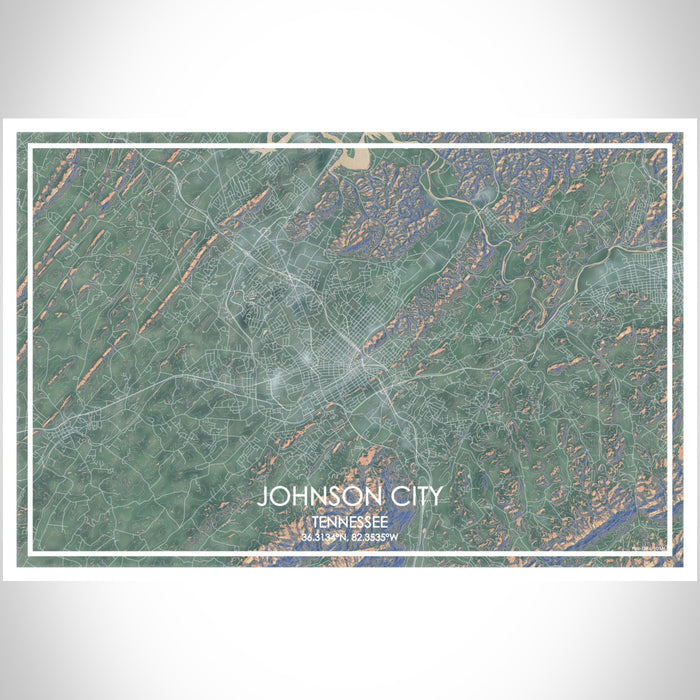 Johnson City Tennessee Map Print Landscape Orientation in Afternoon Style With Shaded Background