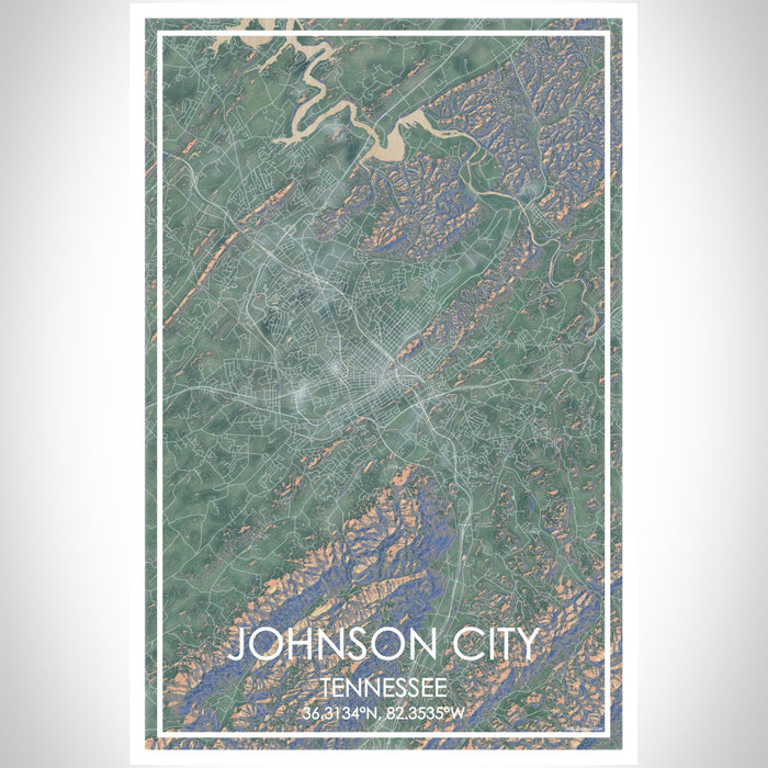 Johnson City Tennessee Map Print Portrait Orientation in Afternoon Style With Shaded Background