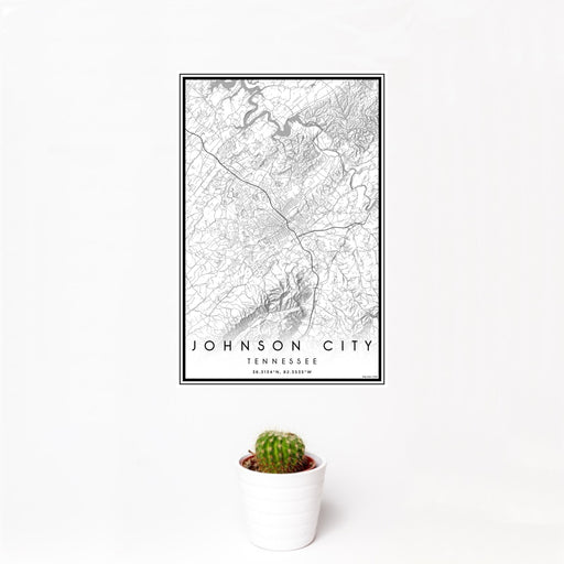12x18 Johnson City Tennessee Map Print Portrait Orientation in Classic Style With Small Cactus Plant in White Planter