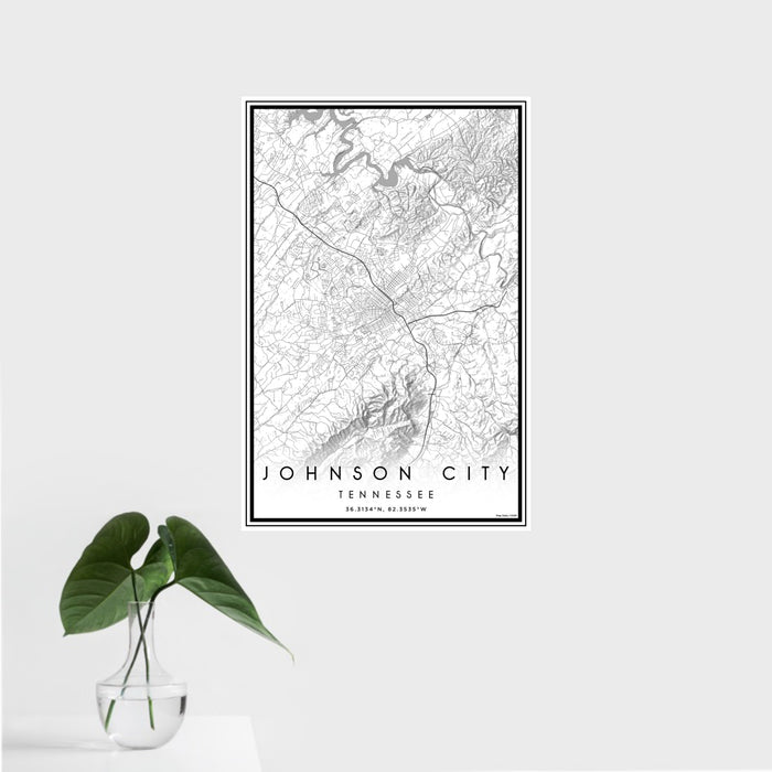 16x24 Johnson City Tennessee Map Print Portrait Orientation in Classic Style With Tropical Plant Leaves in Water