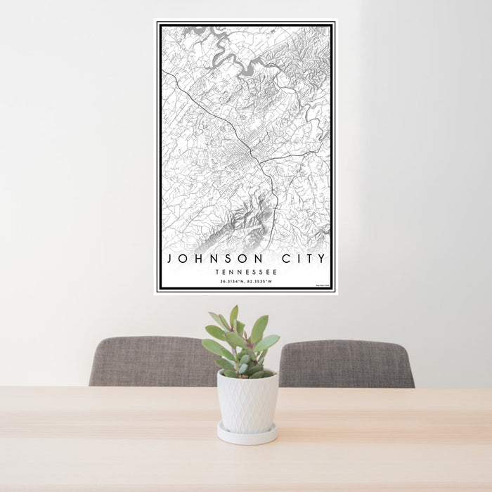 24x36 Johnson City Tennessee Map Print Portrait Orientation in Classic Style Behind 2 Chairs Table and Potted Plant