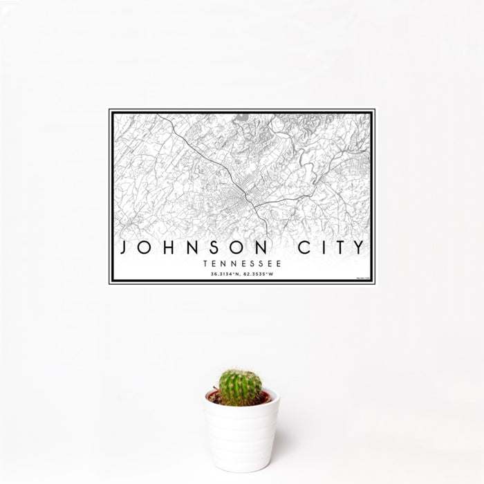 12x18 Johnson City Tennessee Map Print Landscape Orientation in Classic Style With Small Cactus Plant in White Planter