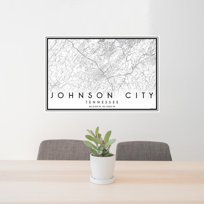 24x36 Johnson City Tennessee Map Print Landscape Orientation in Classic Style Behind 2 Chairs Table and Potted Plant