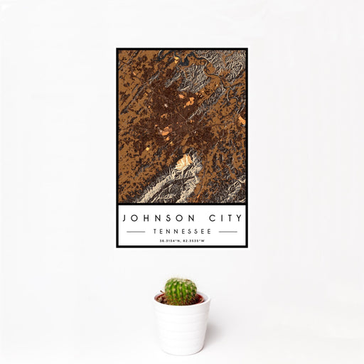 12x18 Johnson City Tennessee Map Print Portrait Orientation in Ember Style With Small Cactus Plant in White Planter