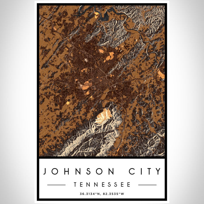 Johnson City Tennessee Map Print Portrait Orientation in Ember Style With Shaded Background