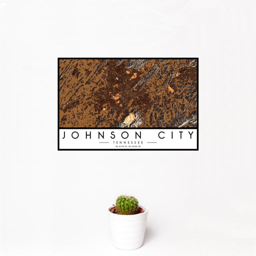 12x18 Johnson City Tennessee Map Print Landscape Orientation in Ember Style With Small Cactus Plant in White Planter