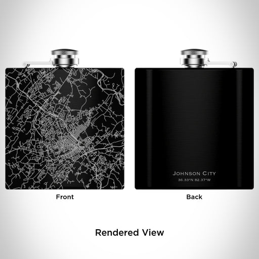 Rendered View of Johnson City Tennessee Map Engraving on 6oz Stainless Steel Flask in Black