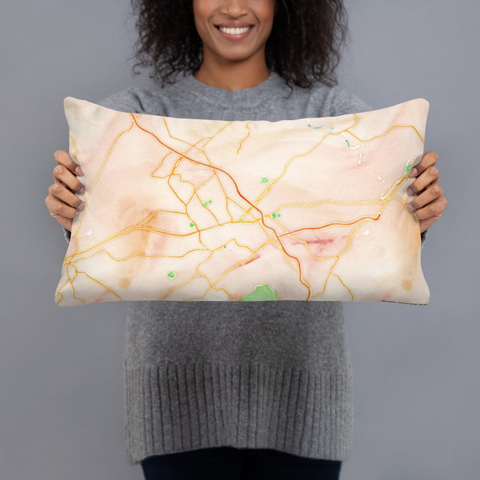 Person holding 20x12 Custom Johnson City Tennessee Map Throw Pillow in Watercolor
