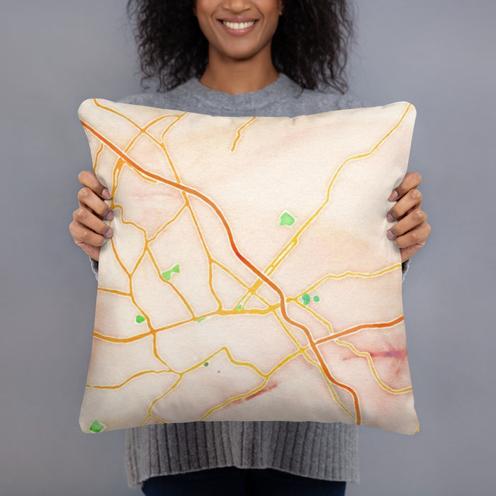 Person holding 18x18 Custom Johnson City Tennessee Map Throw Pillow in Watercolor