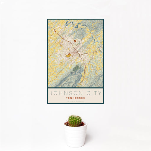 12x18 Johnson City Tennessee Map Print Portrait Orientation in Woodblock Style With Small Cactus Plant in White Planter