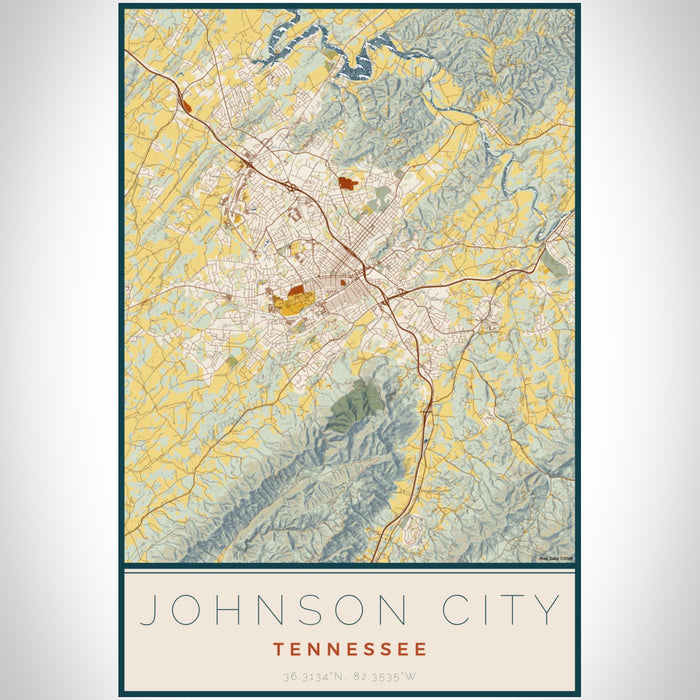 Johnson City Tennessee Map Print Portrait Orientation in Woodblock Style With Shaded Background