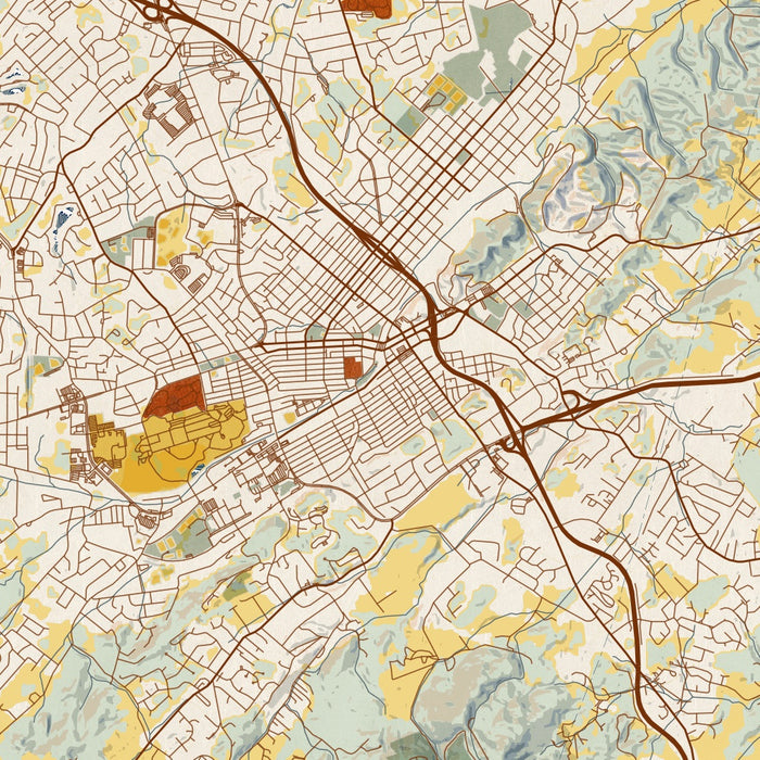 Johnson City Tennessee Map Print in Woodblock Style Zoomed In Close Up Showing Details